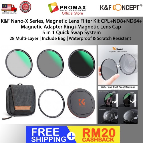 K&F Nano-X Series, Magnetic Lens Filter Kit CPL+ND8+ND64+ Magnetic Adapter Ring+Magnetic Lens Cap 5 in 1 Quick Swap System 28 Multi-Layer | Include Bag | Waterproof & Scratch Resistant 82MM SKU.2144