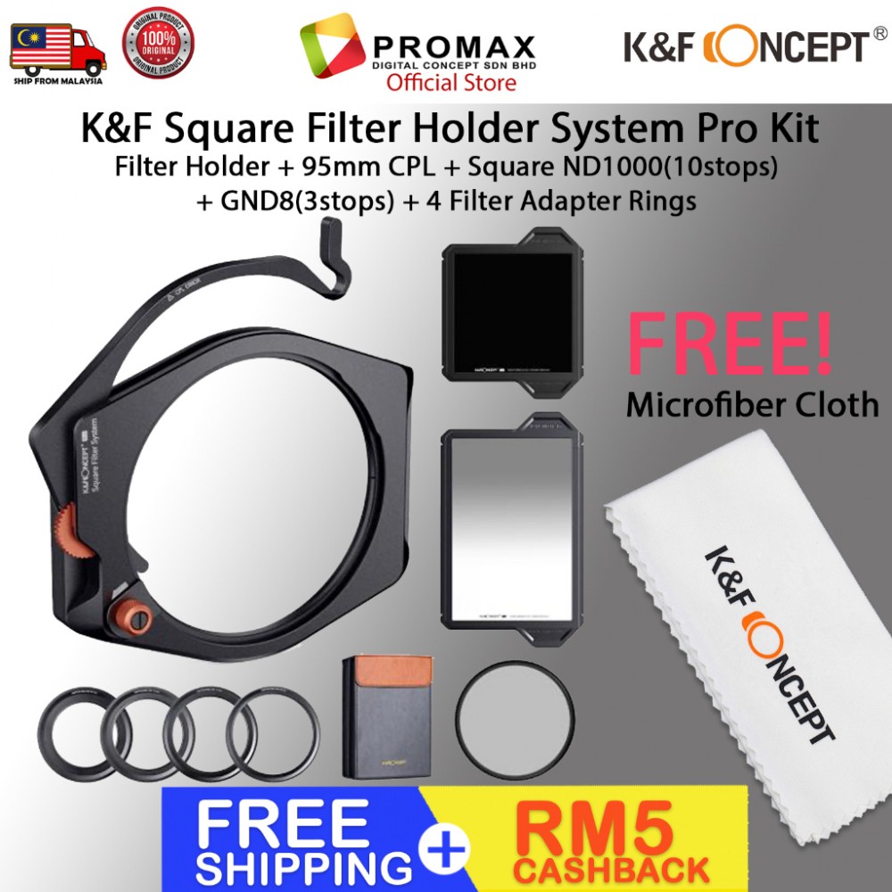K&F Square Filter Holder System Pro Kit,Filter Holder +95mm CPL +Square ND1000[10stops] +GND8[3stop] + 4 Rings 1808