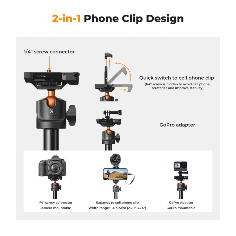 K&F Concept MS04 / MS08 62''/1.58m Tripod Phone Selfie Stick With Bluetooth Remote Control +Gopro Adapter Upgraded MT-44 K&F Concept MS04 / MS08 62''/1.58m Tripod Phone Selfie Stick With Bluetooth Remote Control +Gopro Adapter Upgraded MT-44
