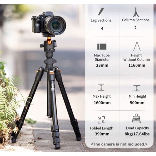K&F Concept Compact Travel Aluminium Ball head Tripod 160cm Supports 8kg B1234M KF09.101 K234A0