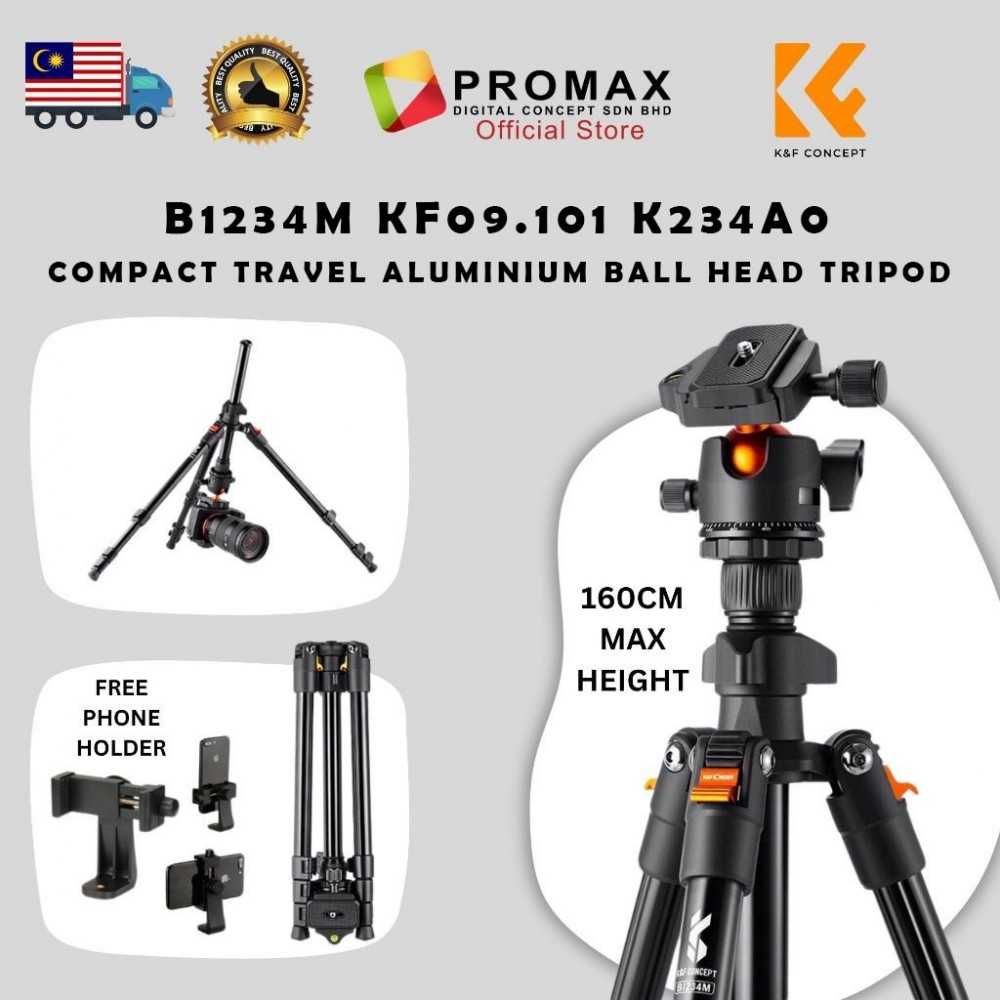 K&F Concept Compact Travel Aluminium Ball head Tripod 160cm Supports 8kg B1234M KF09.101 K234A0 K&F Concept Compact Travel Aluminium Ball head Tripod 160cm Supports 8kg B1234M KF09.101 K234A0