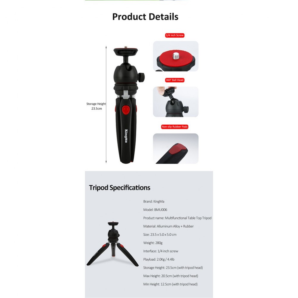KingMa BMU006 PIXI PLUS / PIXI EVO Mini Table Top Tripod for Video Shooting Camera Vlog KingMa BMU006 PIXI PLUS / PIXI EVO Mini Table Top Tripod for Video Shooting Camera Vlog