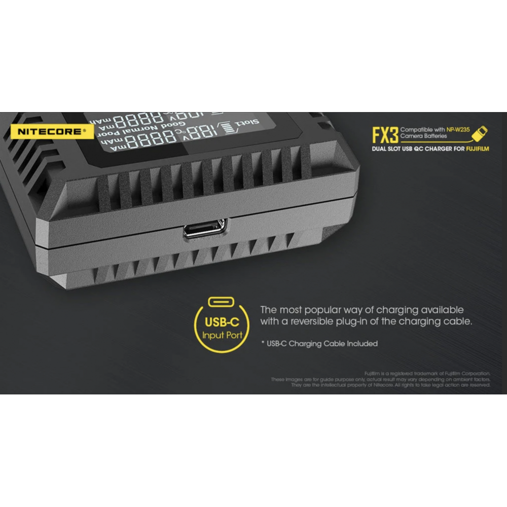 Nitecore FX3 Fuji XT-4 dual-slot USB-C camera charger, suitable for Fuji battery NP-W235 Nitecore FX3 Fuji XT-4 dual-slot USB-C camera charger, suitable for Fuji battery NP-W235