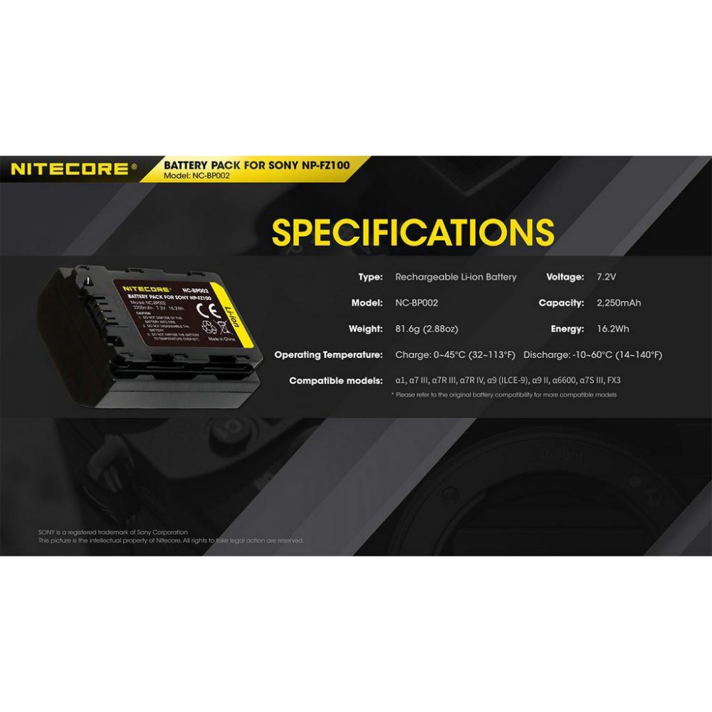 NITECORE UFZ100 USB-C Rechargeable Li-ion Battery NP-FZ100 for Sony α7 III α7R III α7R Ⅳ α7S III α9 α9 II NITECORE UFZ100 USB-C Rechargeable Li-ion Battery NP-FZ100 for Sony α7 III α7R III α7R Ⅳ α7S III α9 α9 II