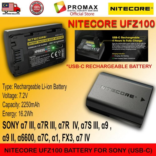 NITECORE UFZ100 USB-C Rechargeable Li-ion Battery NP-FZ100 for Sony α7 III α7R III α7R Ⅳ α7S III α9 α9 II