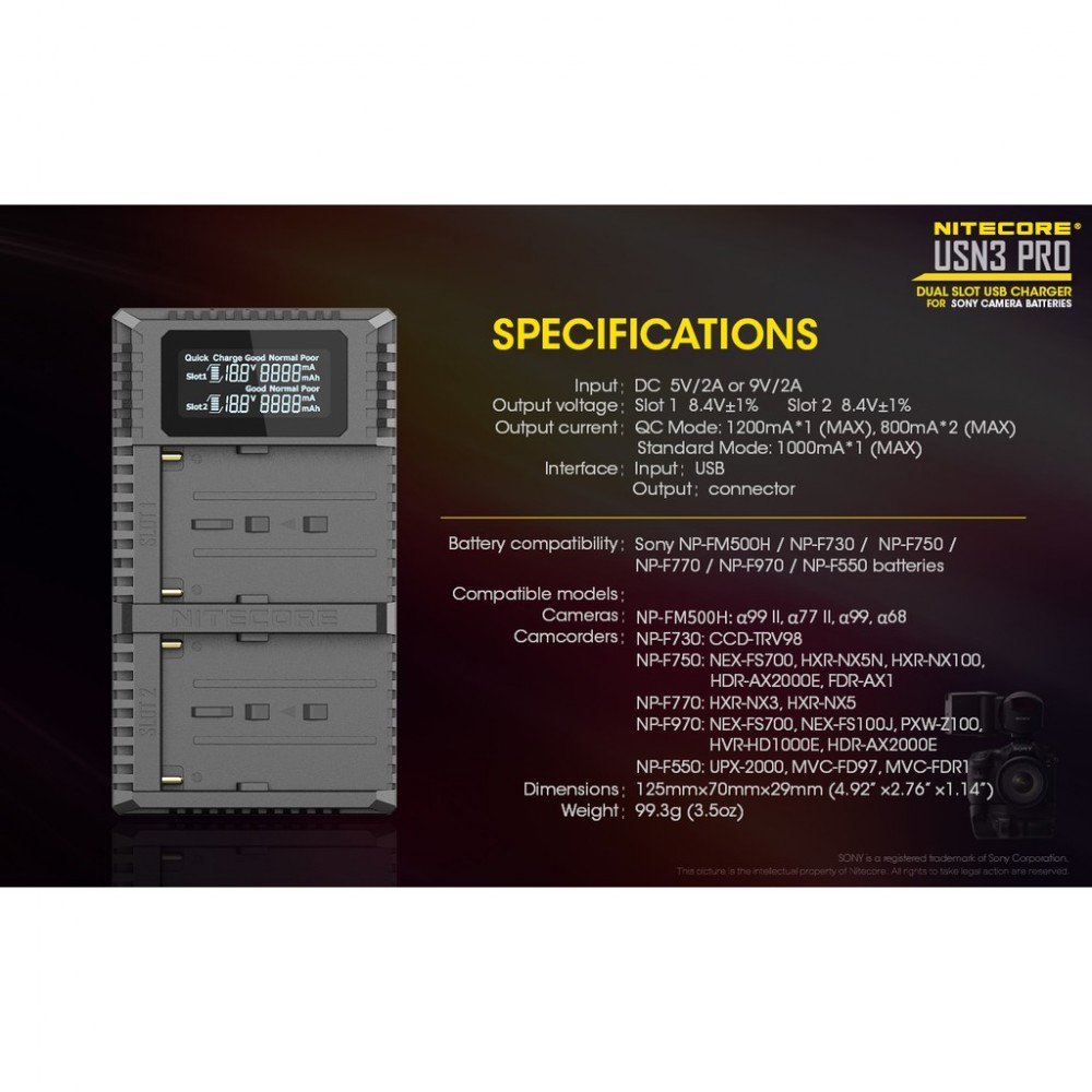 NITECORE USN3 PRO DUAL SLOT USB-C FAST CHARGER FOR MULTIPLE SONY F970 F770 F550 BATTERIES (12 MONTH WARRANTY) NITECORE USN3 PRO DUAL SLOT USB-C FAST CHARGER FOR MULTIPLE SONY F970 F770 F550 BATTERIES (12 MONTH WARRANTY)