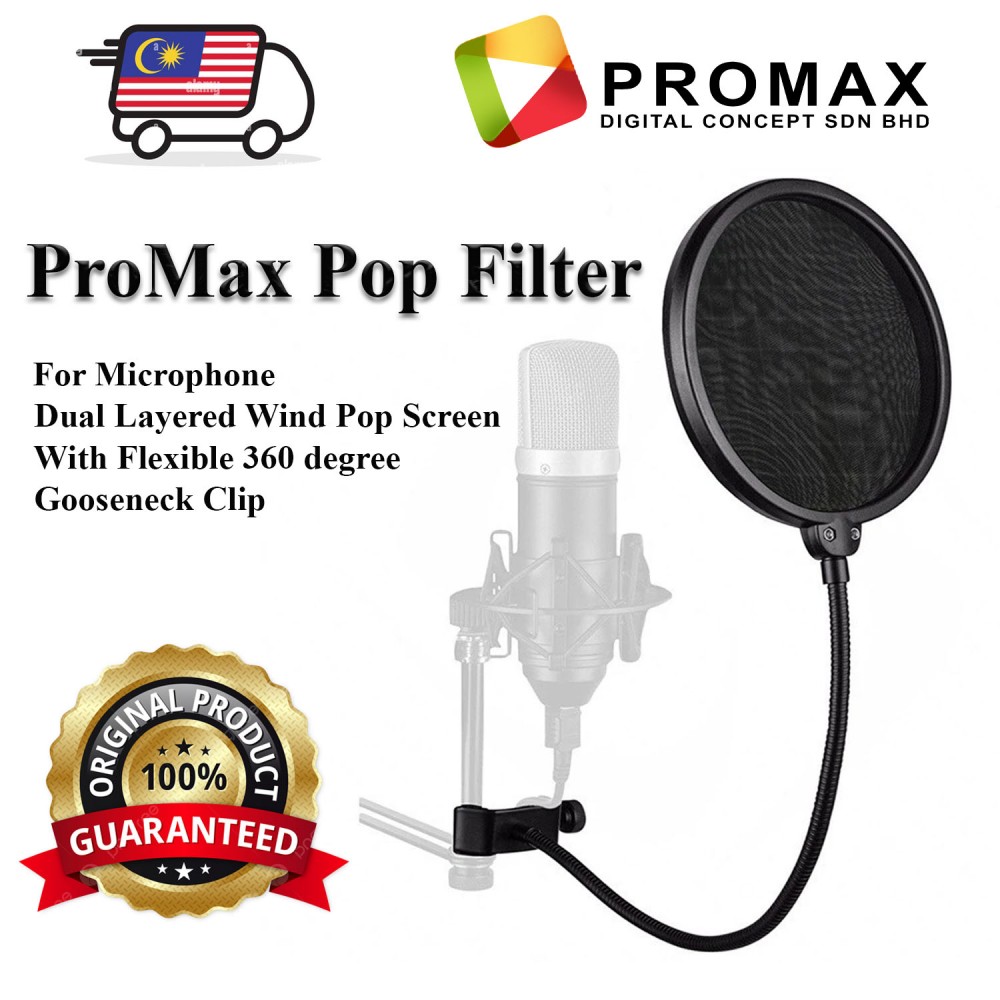 ProMax Pop Filter For Microphone Dual Layered Wind Pop Screen With Flexible 360° Gooseneck Clip ProMax Pop Filter For Microphone Dual Layered Wind Pop Screen With Flexible 360° Gooseneck Clip