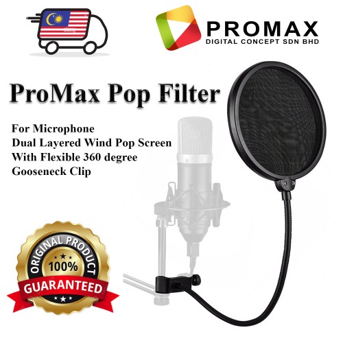ProMax Pop Filter For Microphone Dual Layered Wind Pop Screen With Flexible 360° Gooseneck Clip