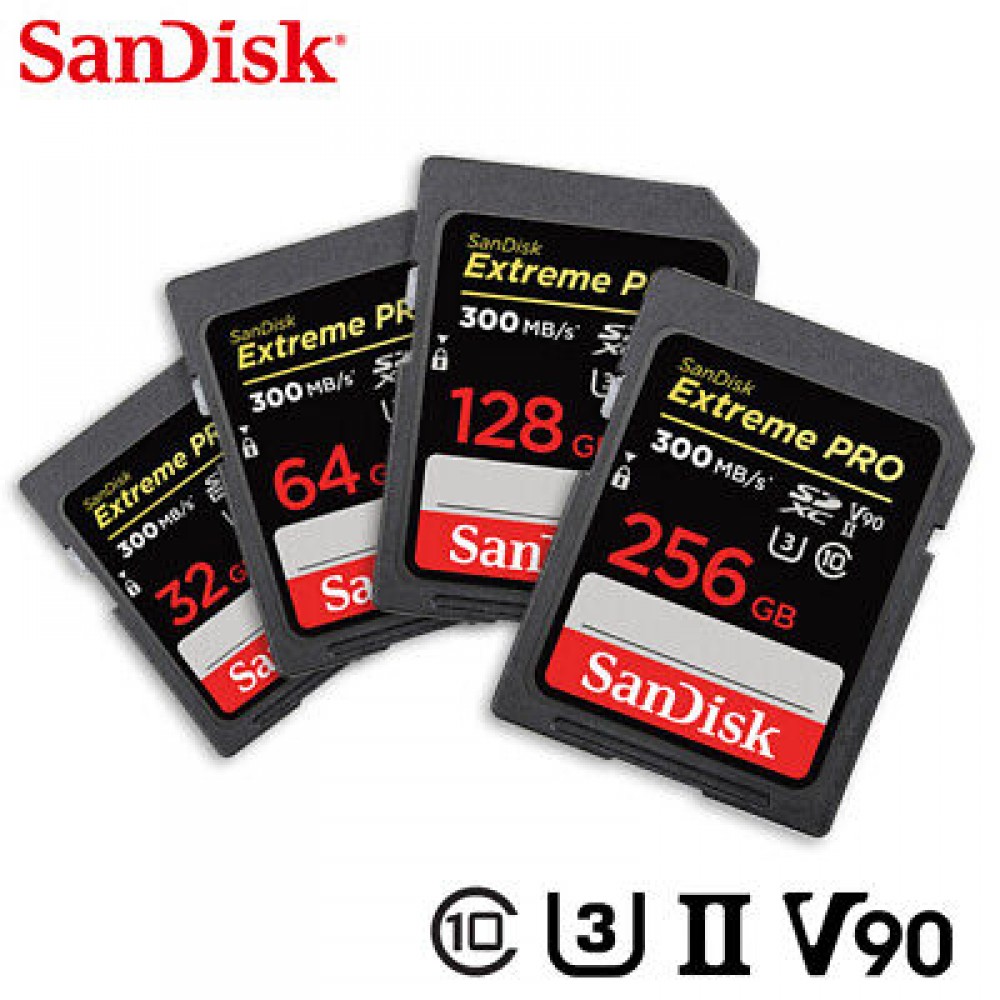 SanDisk Extreme PRO UHS-II V90 U3 300MB/s 256GB/ 128GB / 64GB / 32GB SDXC Memory Card SanDisk Extreme PRO UHS-II V90 U3 300MB/s 256GB/ 128GB / 64GB / 32GB SDXC Memory Card