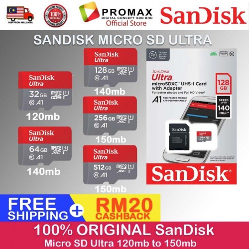 SanDisk Ultra microSD UHS-I Card for Smartphone & Tablets (32GB/64GB/128GB/256gb) 120mb 140mb 150mb