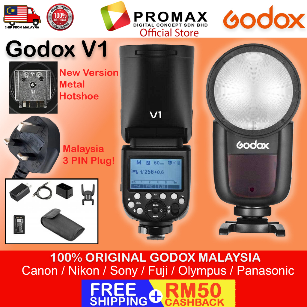 Godox-V1-V1C-V1N-V1S-V1F-V1O-Flash-Speedlight-Round-TTL-Li-ion-Batt-HSS-Canon-Nikon-Sony-Fuji